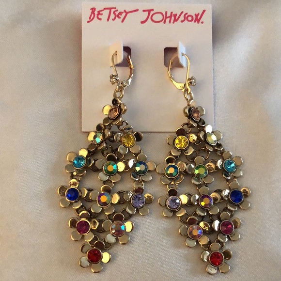 Betsey Johnson Gold Tone Flower Fest Chandelier Drop Earrings Crystal Accent NWT - Picture 8 of 12